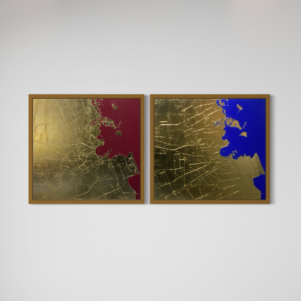 Doha in Gold Leaves Blue or Maroon With gold frame